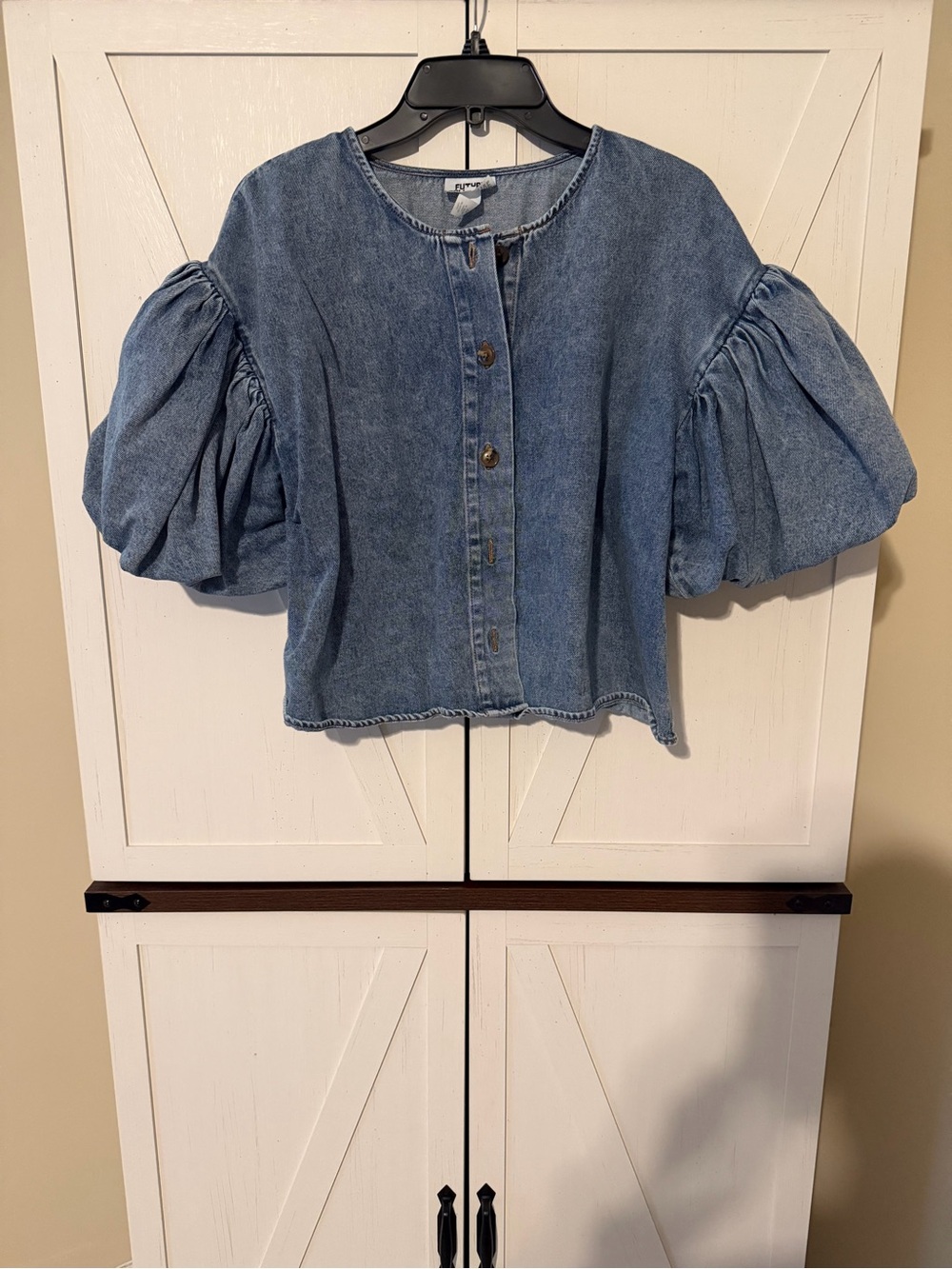 Puff-Sleeve Denim Button-Front Blouse - Blue